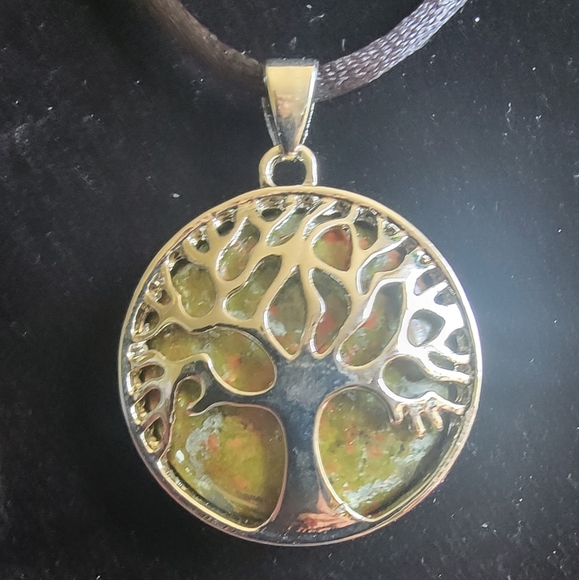 Unakite And Silver tree of life necklace on a satin string with hook closure. - Picture 1 of 4